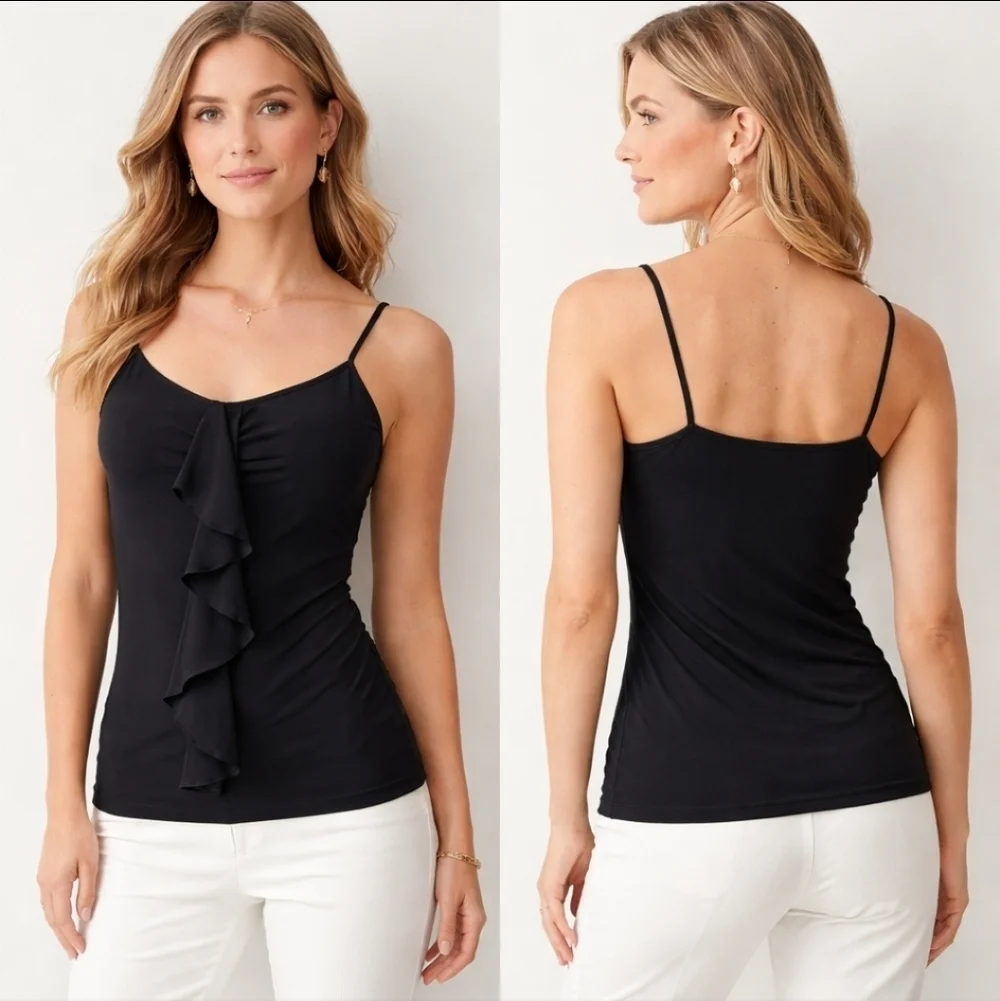White House Black Market Black Flounce Front Cami XS NWT Elegant Layering Top - Picture 1 of 4
